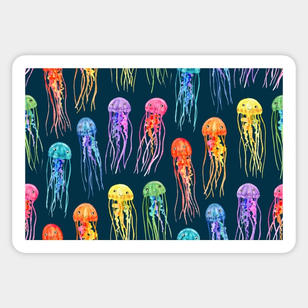 Rainbow Watercolor Jellies on Dark Teal Sticker by micklyn